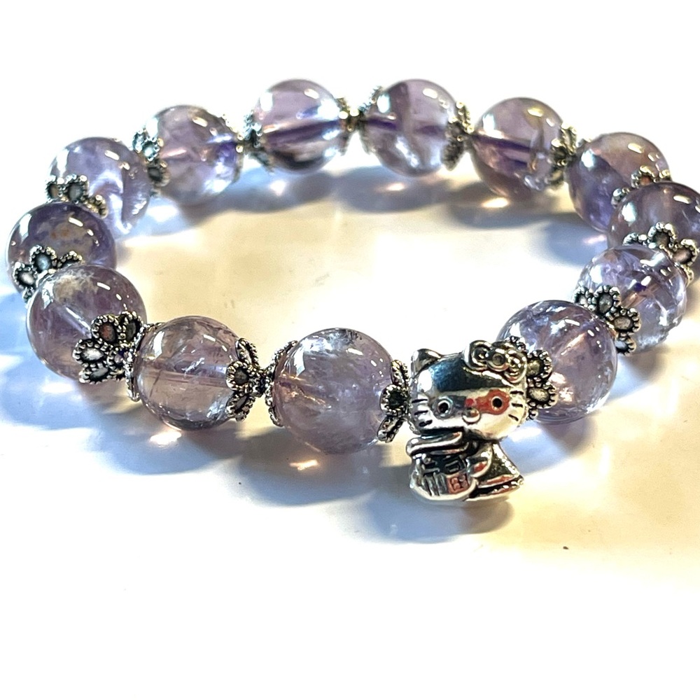 Natural Amethyst Stretchy Bracelet With Hello Kitty Charm Crystal Gemstone